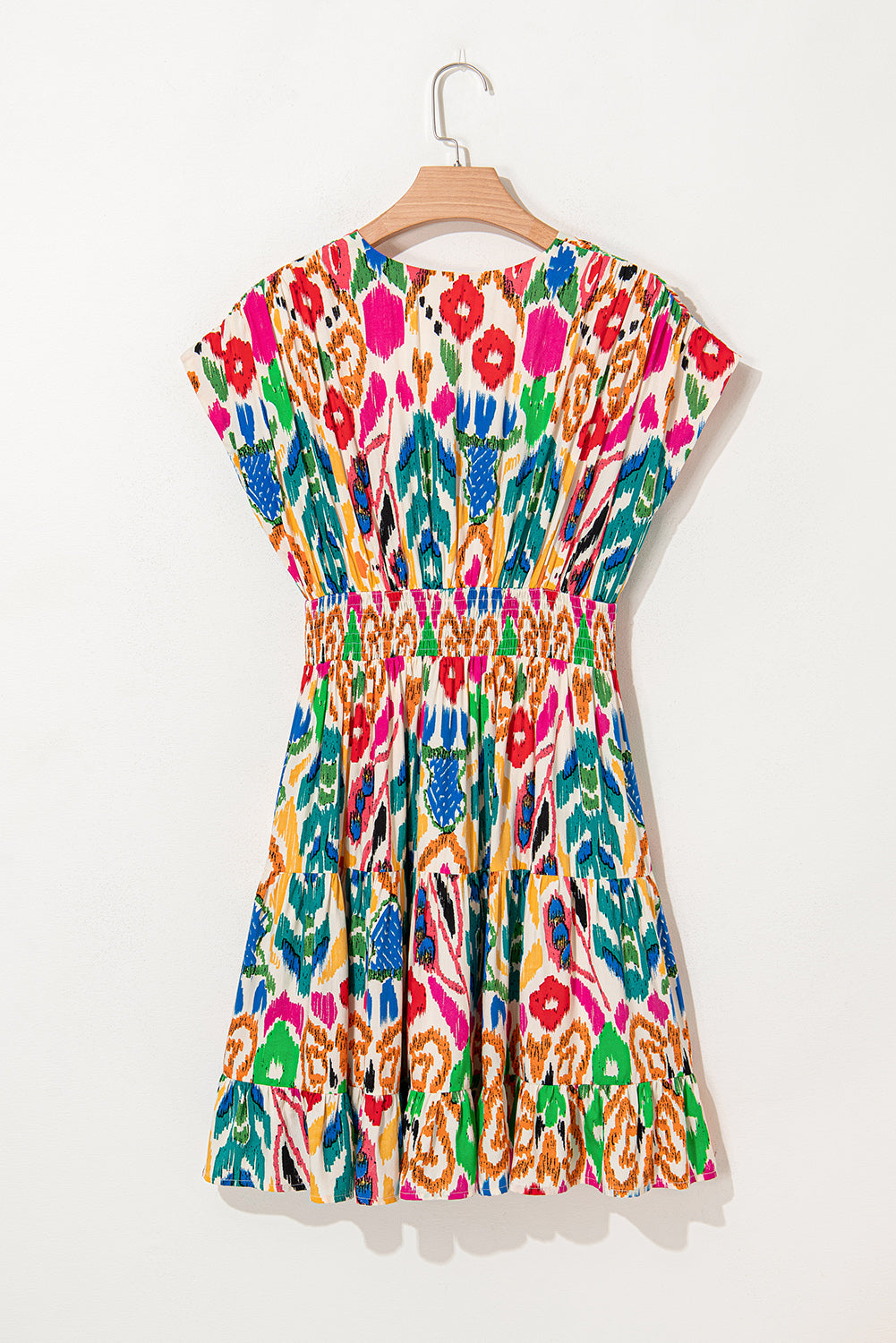 Women's Abstract Print V-Neck Dolman Sleeve Ruffle Tiered Mini Dress S-XL at LivelyLooks