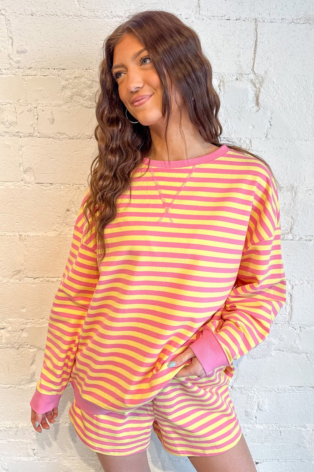 Yellow Stripe Colour Block Long Sleeve Top & Casual Shorts Set | UK 8–22