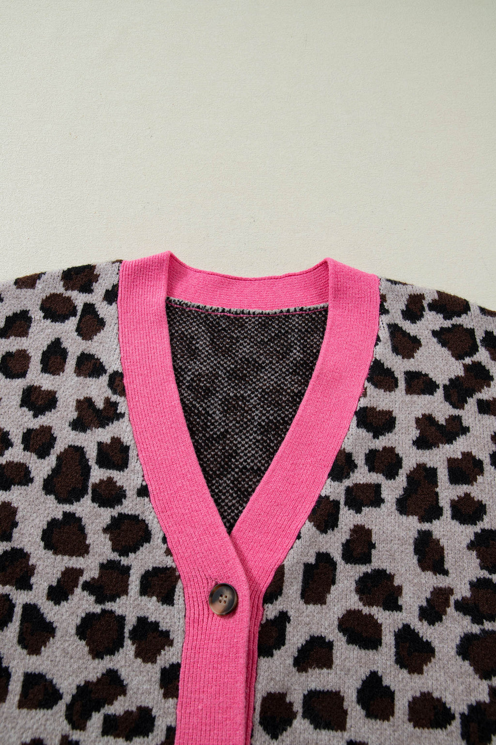 Khaki Leopard Print Colourblock Trim Button Down Oversized Cardigan