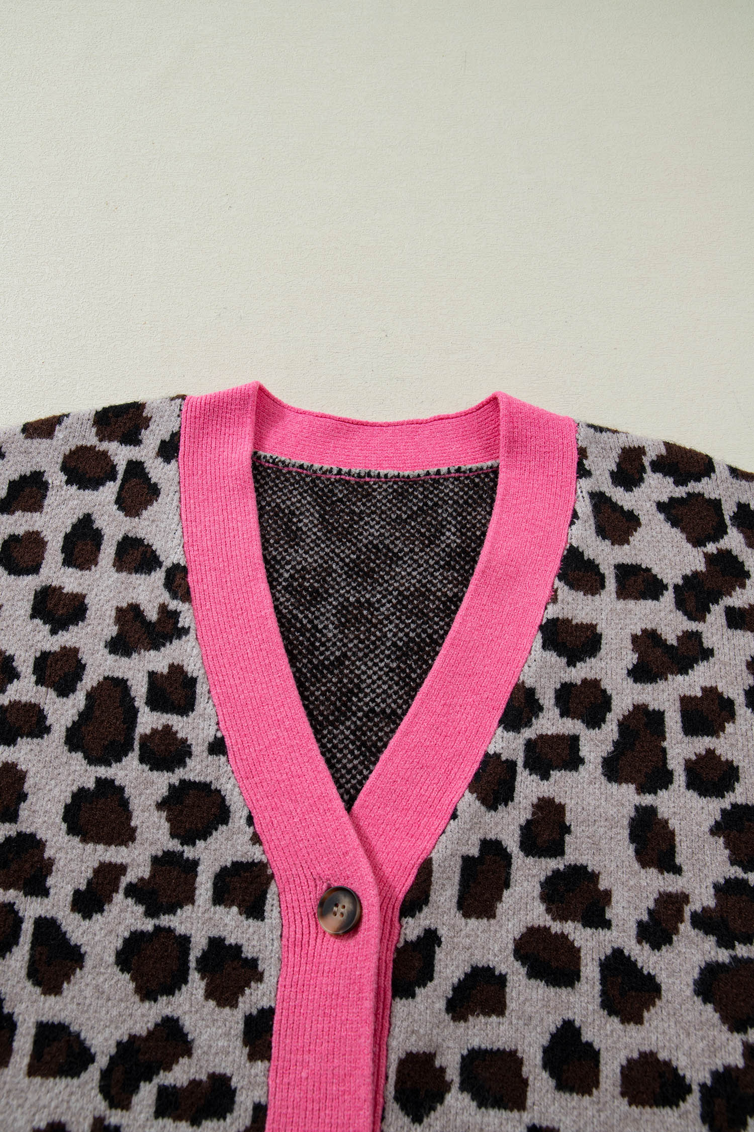 Khaki Leopard Print Colourblock Trim Button Down Oversized Cardigan