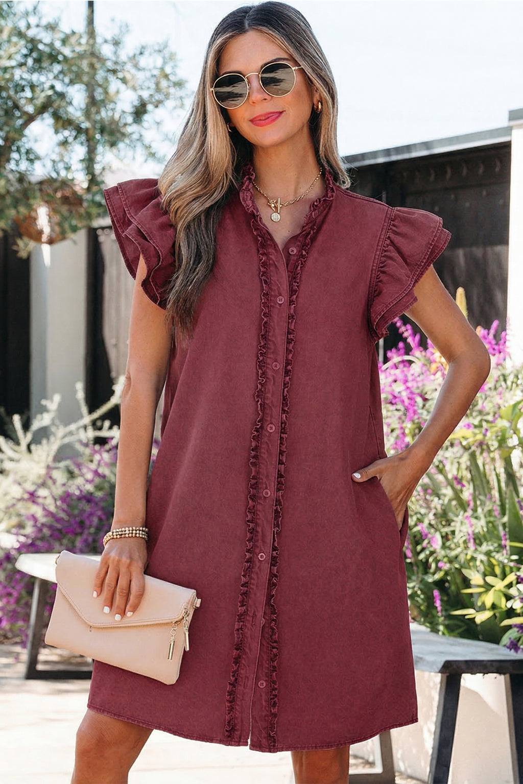 Red Sandalwood & Blue Frilled Button Down Ruffle Sleeve Denim Mini Dress S-XL