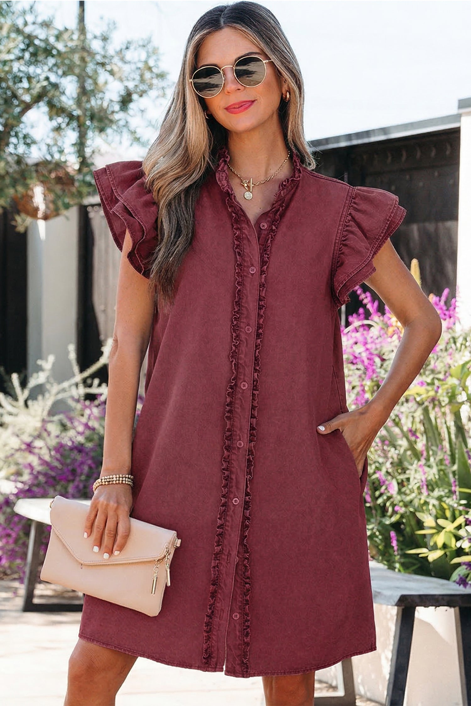 Red Sandalwood & Blue Frilled Button Down Ruffle Sleeve Denim Mini Dress S-XL