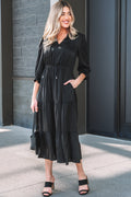 Black Tiered Maxi Dress Flounced Bracelet Sleeve V Neck Women S-XL