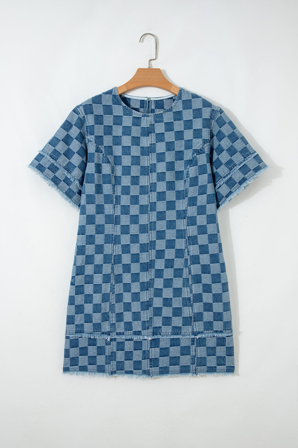 LivelyLooks Checkered Frayed Hem Patchwork Denim Mini Dress Blue S-XL women's fashion