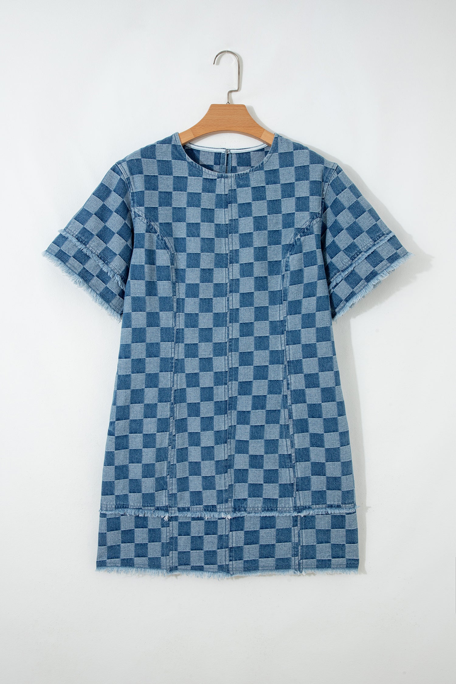 LivelyLooks Checkered Frayed Hem Patchwork Denim Mini Dress Blue S-XL women's fashion