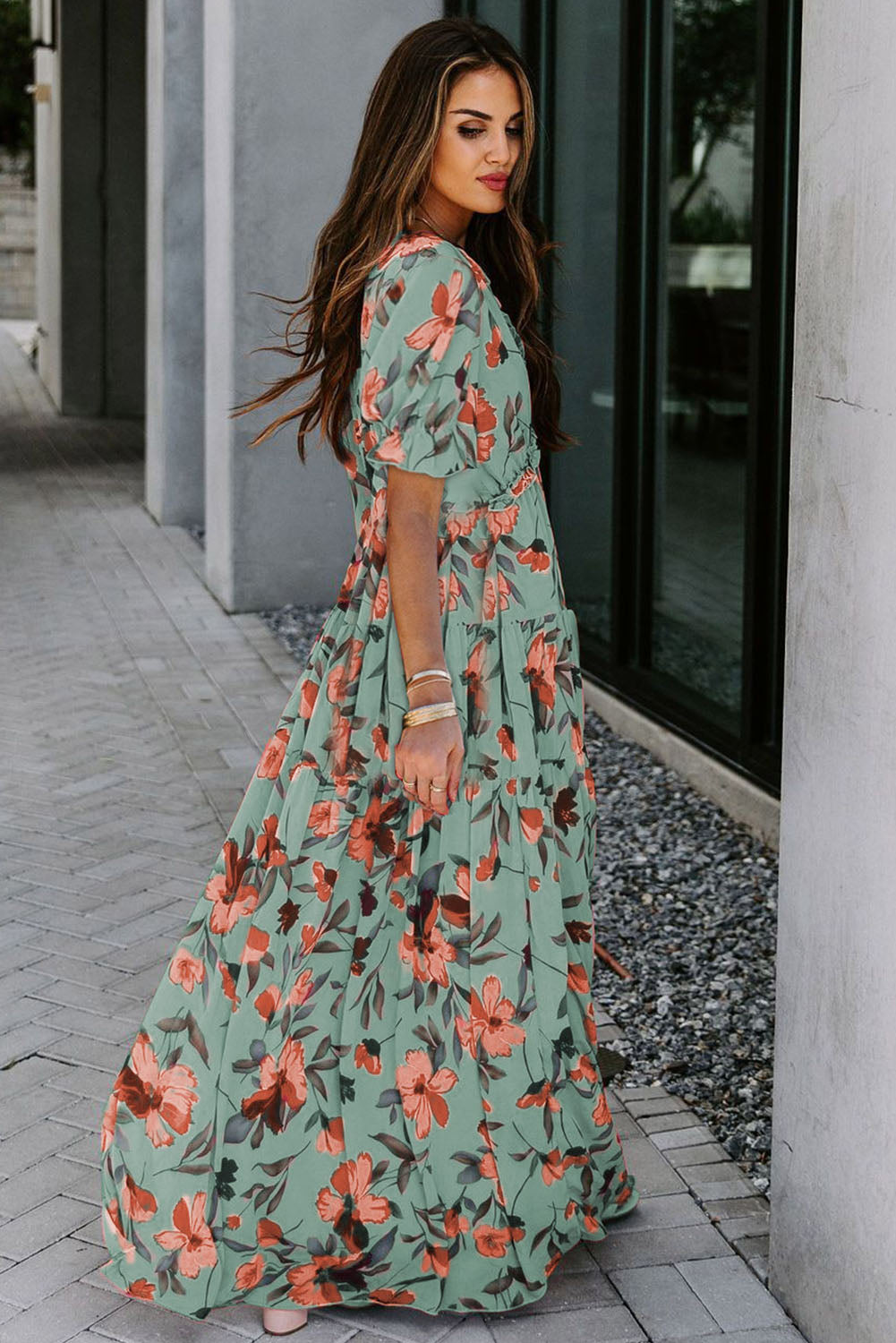 Women's Floral Print Frilled V-Neck Short Sleeve Maxi Dress Blue Black Green S-XL at LivelyLooks