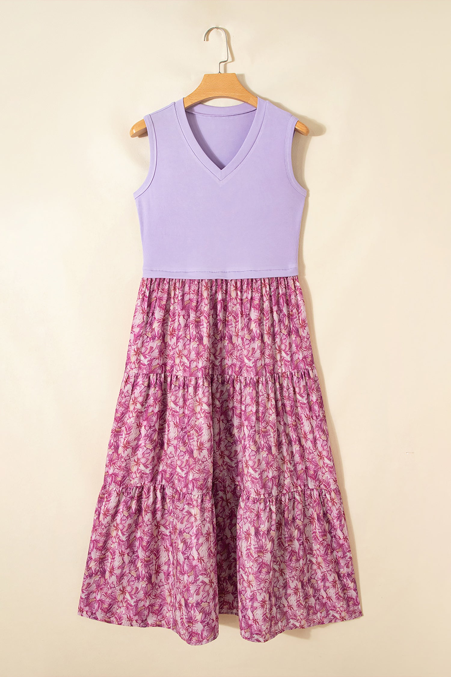 Purple Ribbed V Neck Tank Floral Contrast Patchwork Long Dress S-XL