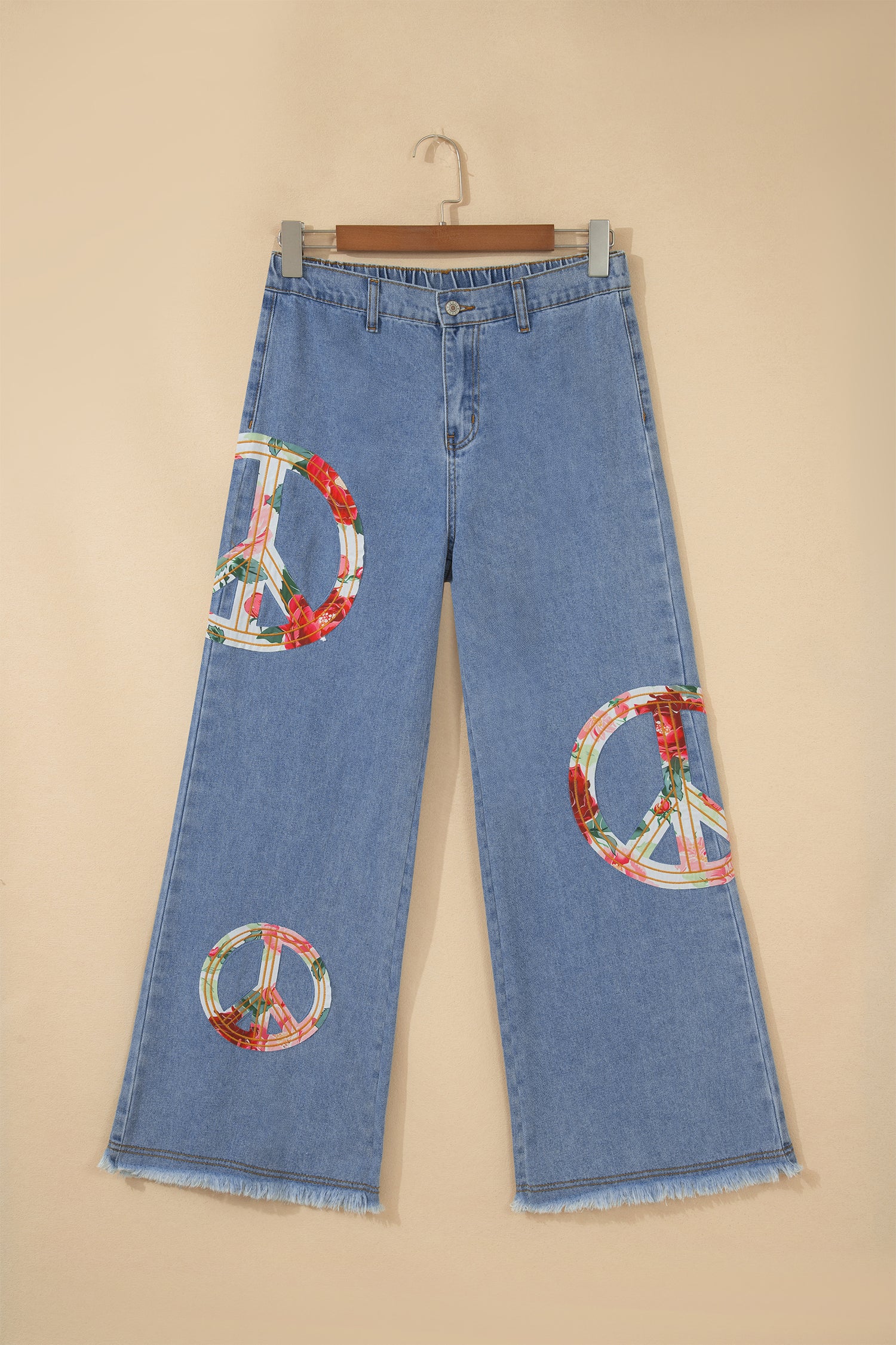 Blue Floral Peace Sign Embroidered Patch Wide Leg Jeans | Boho Denim | UK 4-14