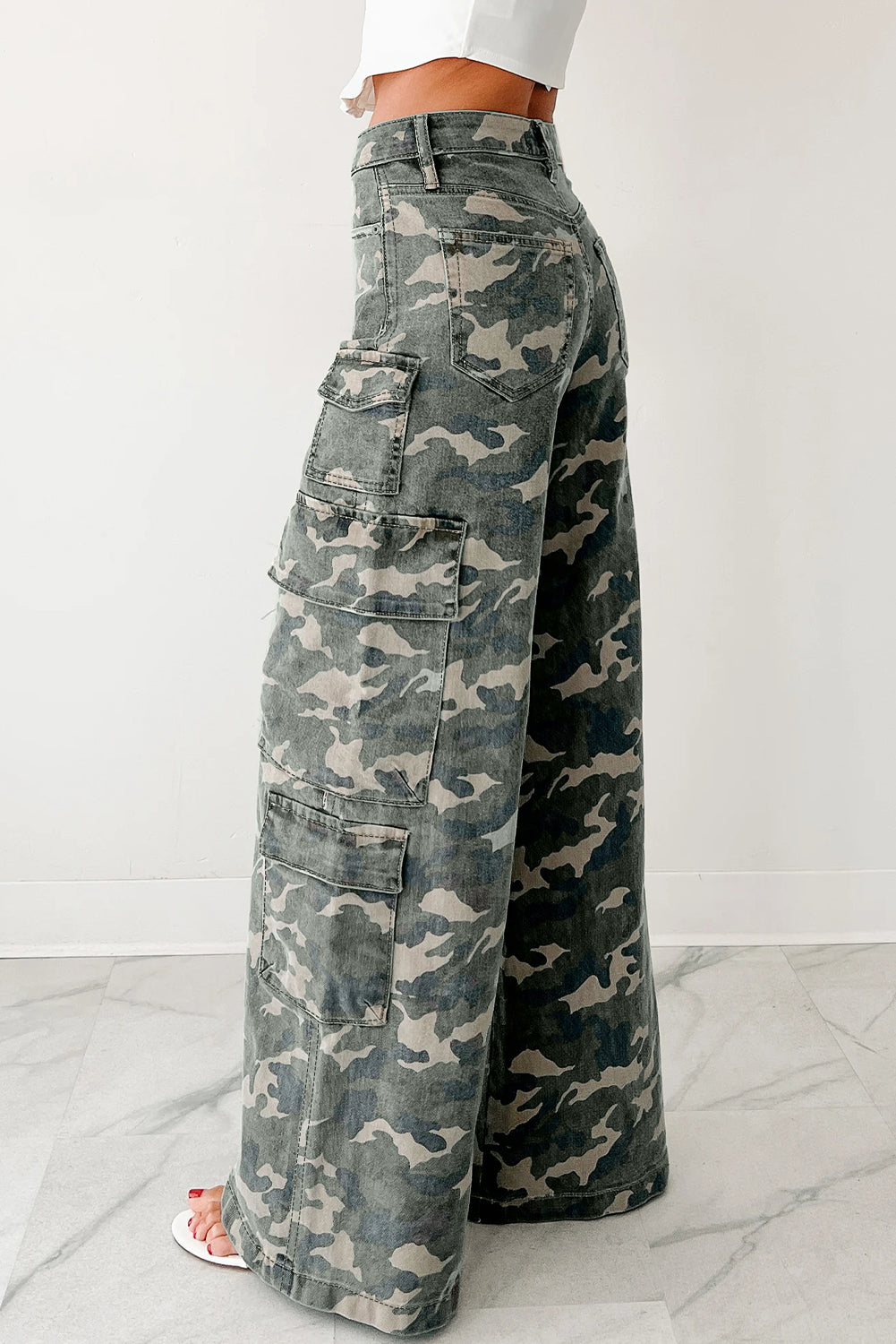 Green Camo Cargo Wide Leg Denim Pants