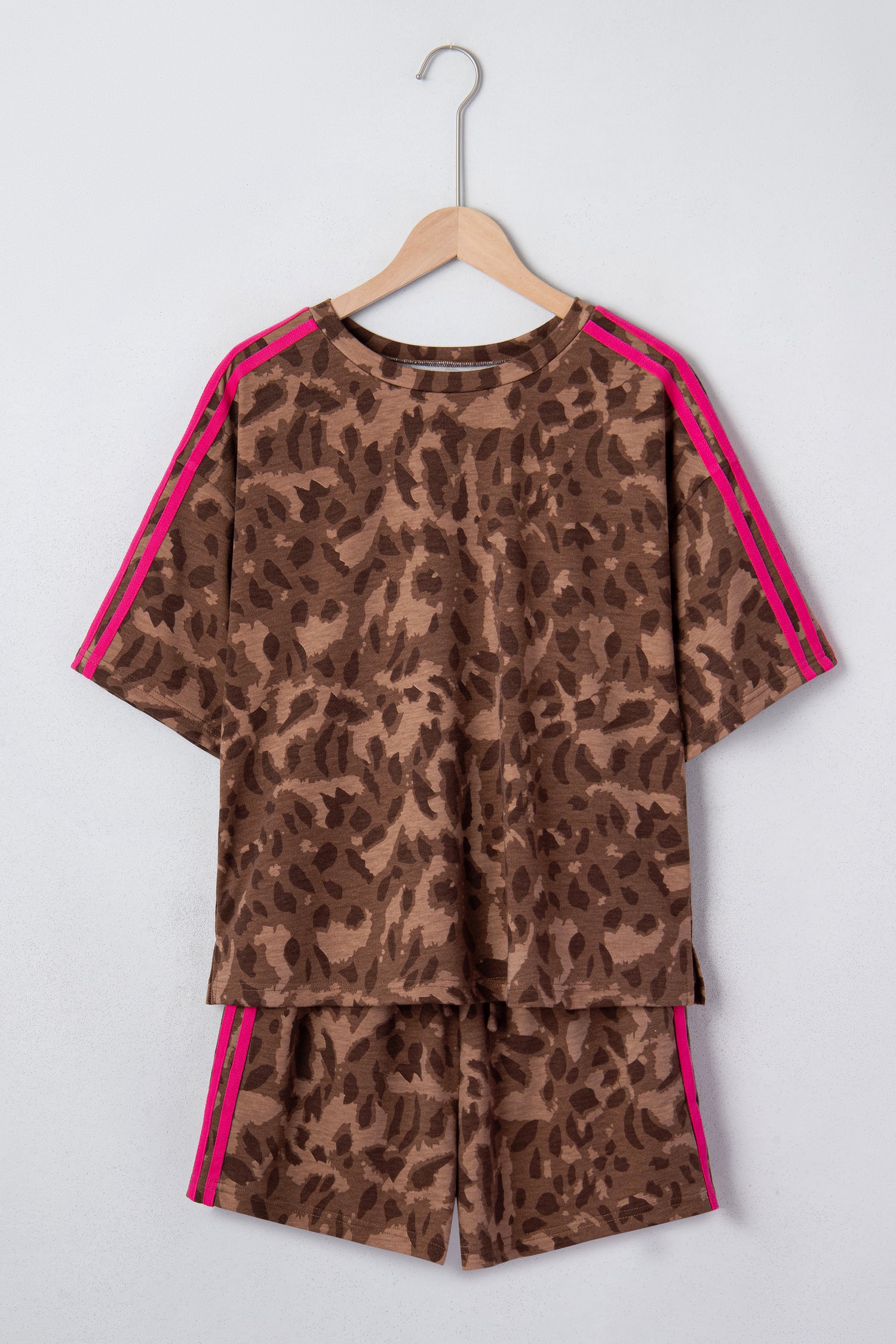 Brown Contrast Striped Accent Leopard Short Set | UK 8–22