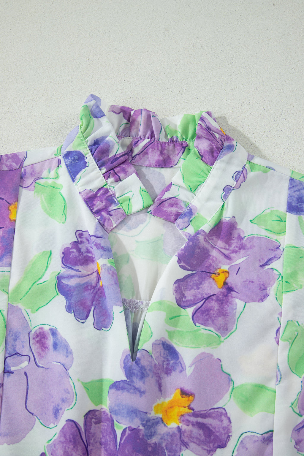 Purple Floral V Collar Short Sleeve Tiered Ruffle Mini Dress S-XL