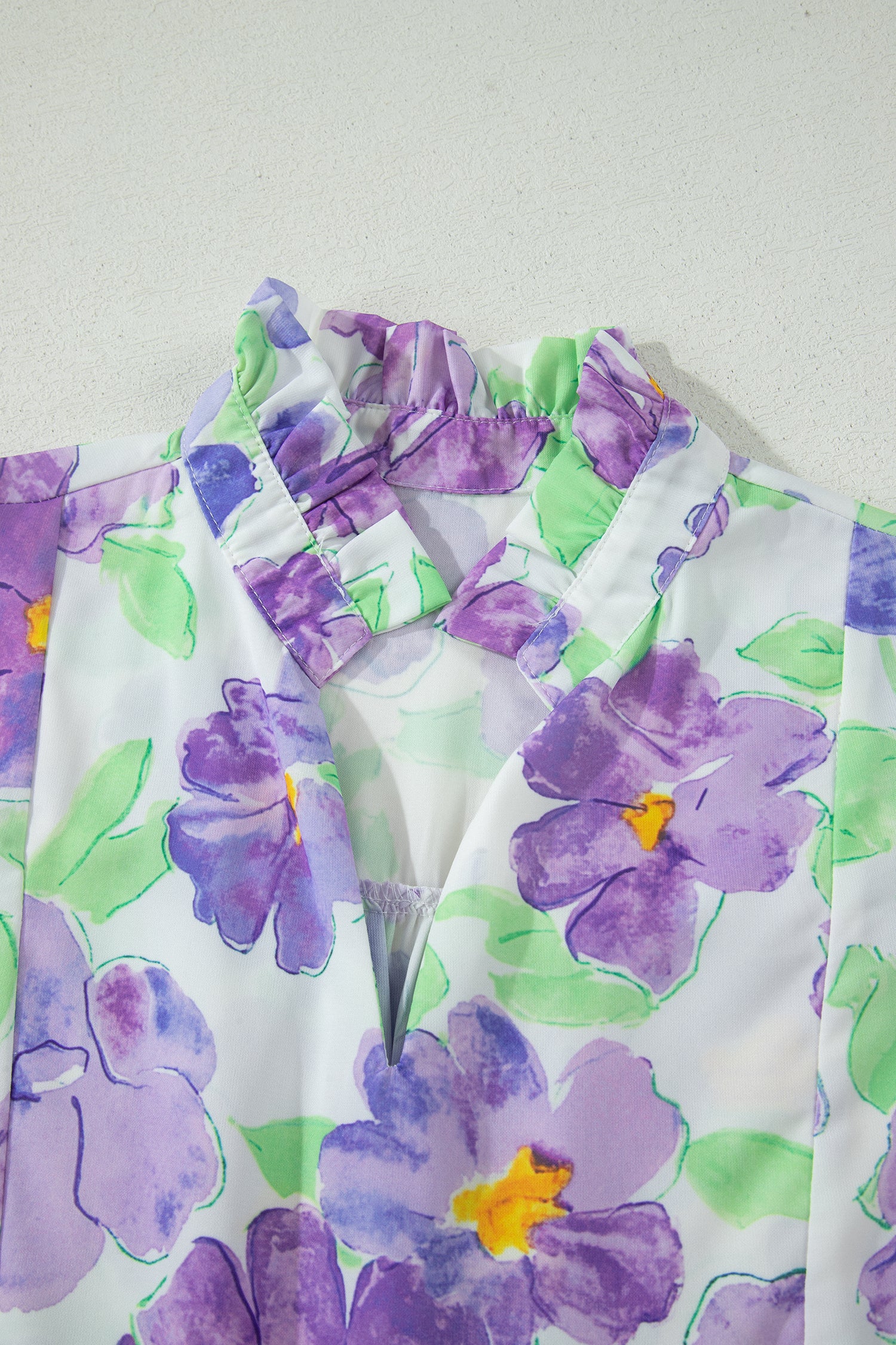 Purple Floral V Collar Short Sleeve Tiered Ruffle Mini Dress S-XL