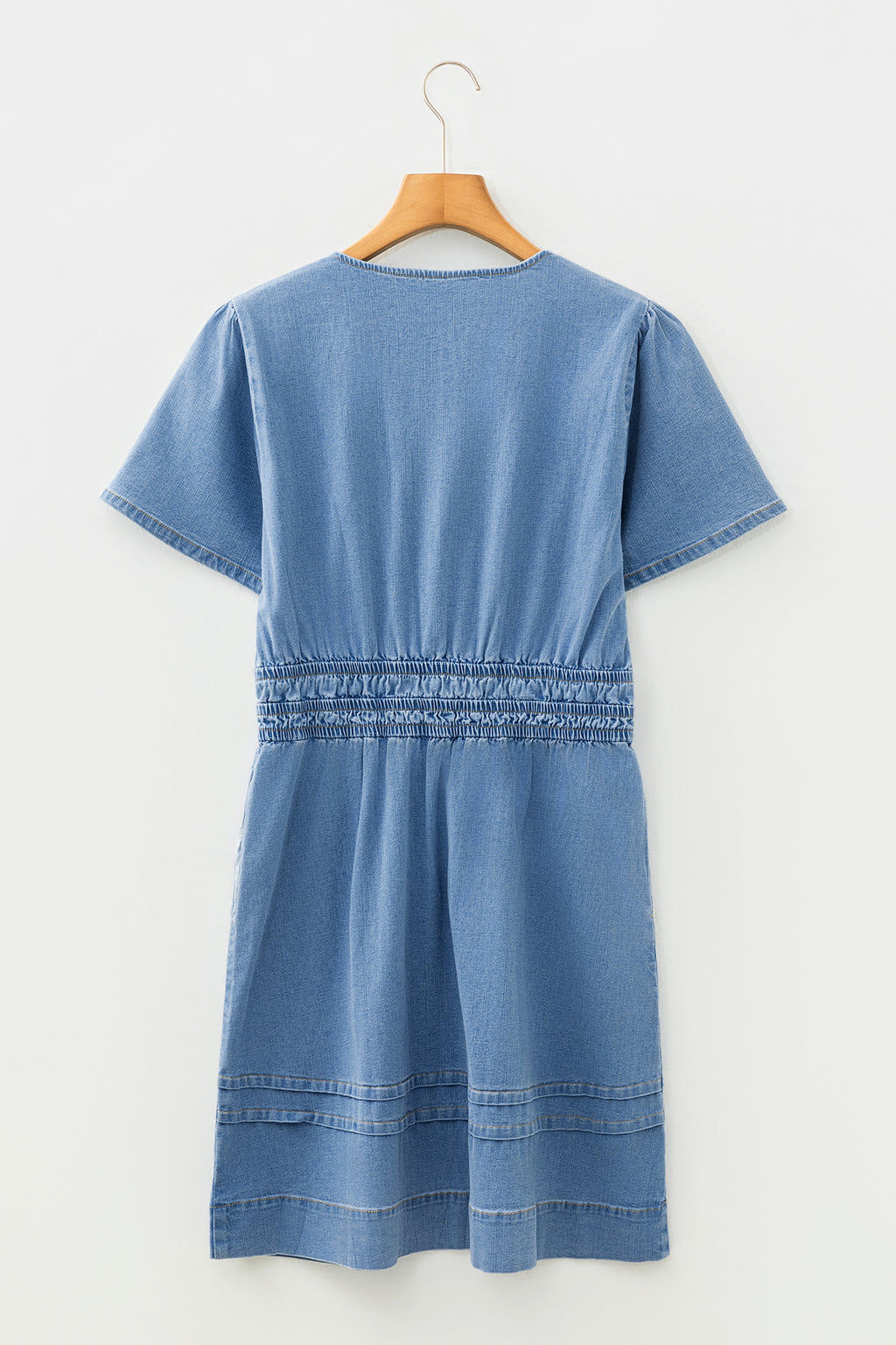 Blue Denim Elastic Waist Short Sleeve Mini Dress S-XL