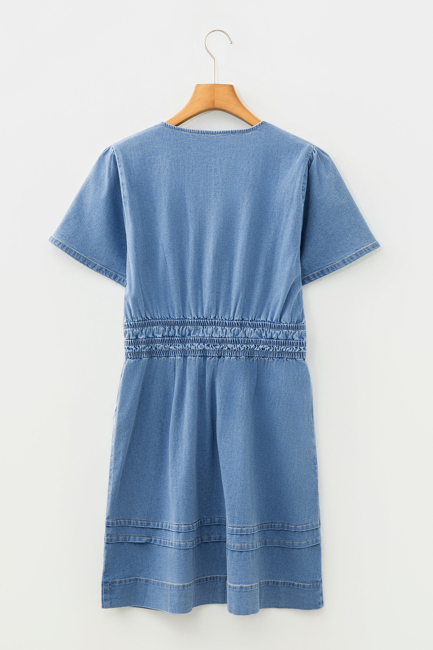 Blue Denim Elastic Waist Short Sleeve Mini Dress S-XL