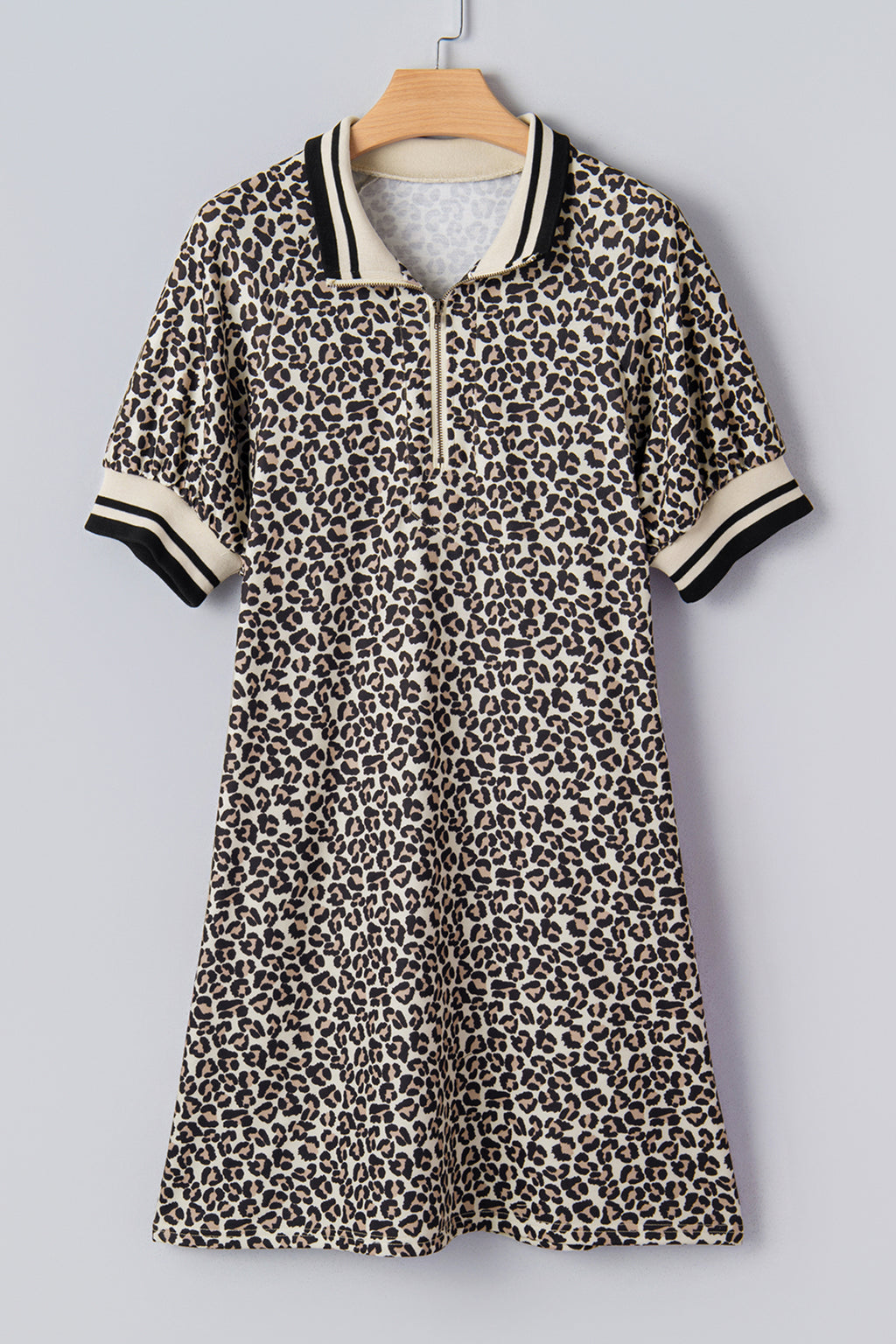 Women's Khaki Leopard Print Zip Neck Patchwork Mini Dress at LivelyLooks