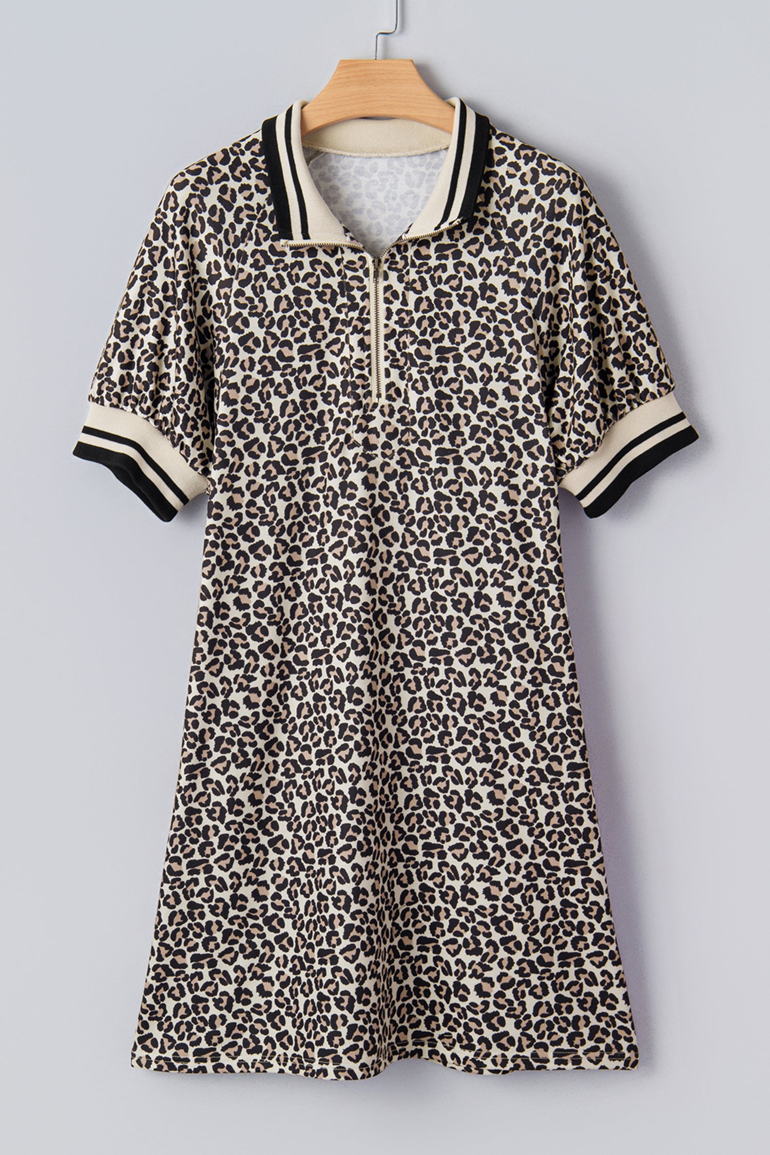 Women's Khaki Leopard Print Zip Neck Patchwork Mini Dress at LivelyLooks