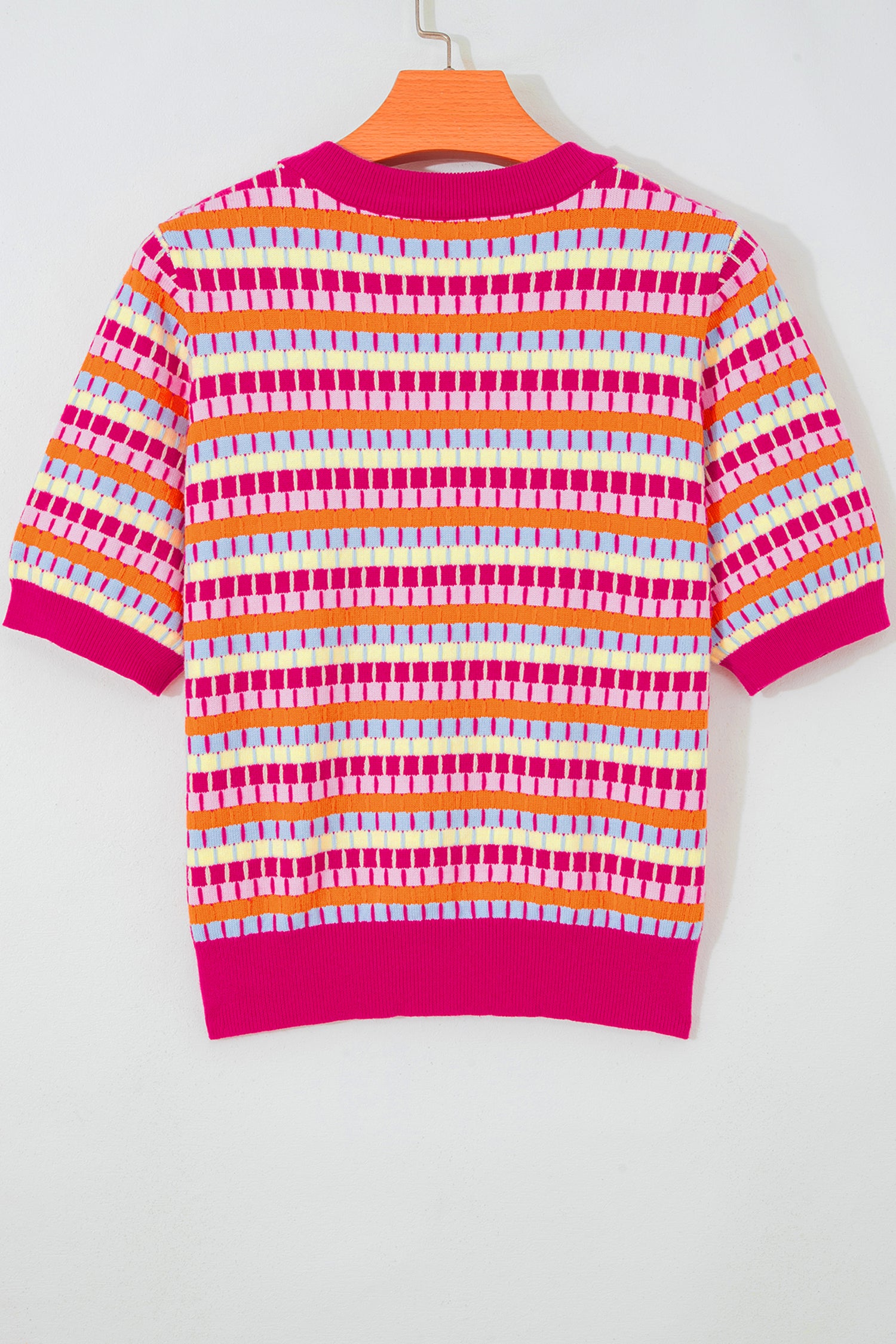 Women's Rose Red Abstract Stripe Knit Short Sleeve Sweater at LivelyLooks