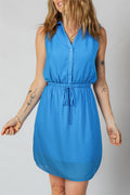 Blue Half Button Collared Elastic Waist Sleeveless Shirt Dress S-XL