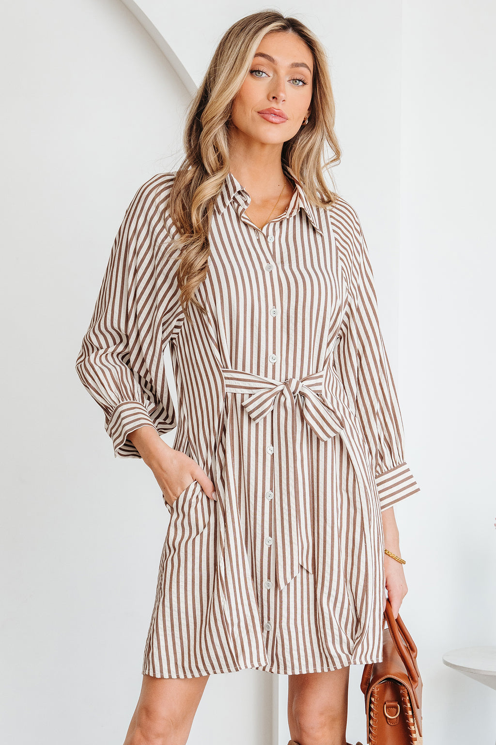 Brown Stripe Knot Waist Puff Sleeve Button Down Mini Shirt Dress S-XL