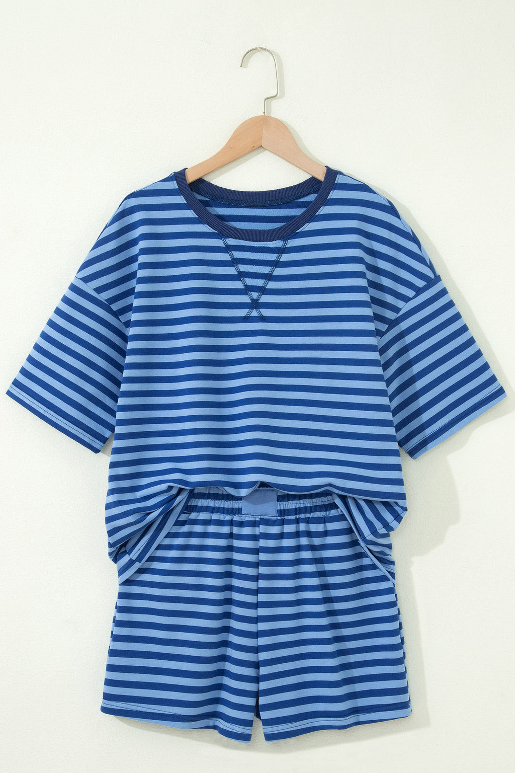 Striped Ribbed Cotton Short Set with Chest Patch Detail | Blue & Navy Stripe