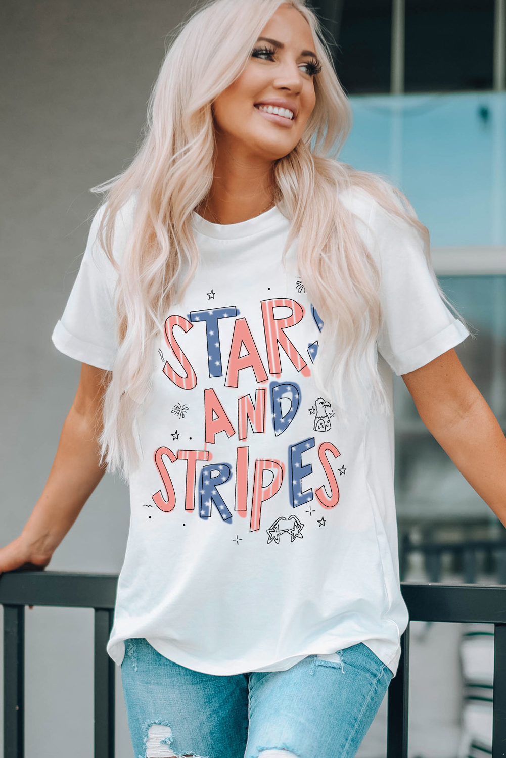 Shop White Stars and Stripes Crew Neck Graphic Tee S-3XL at LivelyLooks