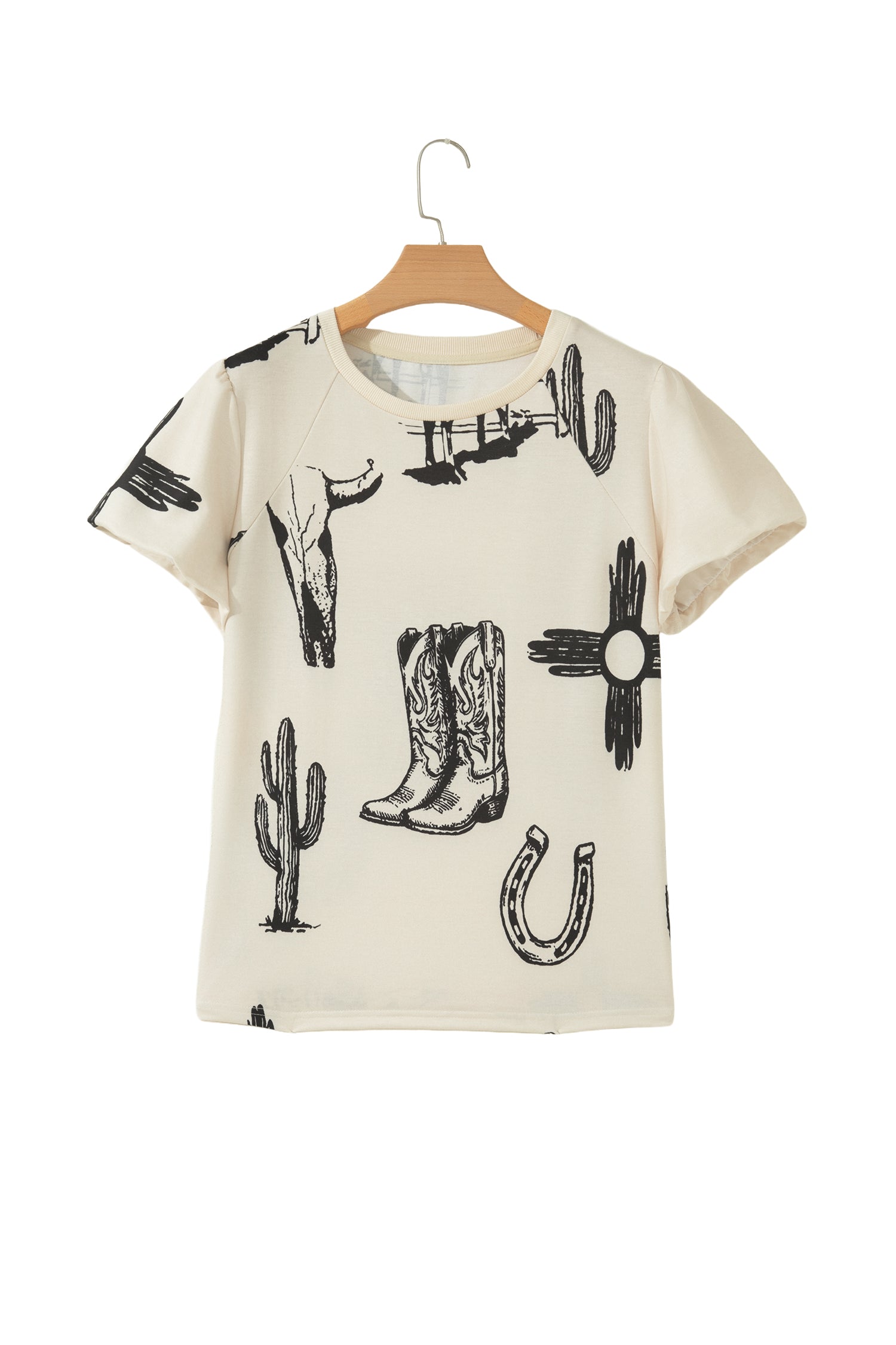 Beige Retro Western Print T-Shirt Cowboy Boots Cactus Short Sleeve Women S-XL