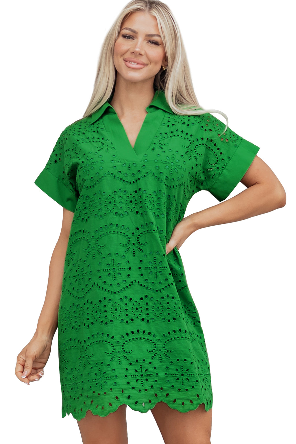 White & Green Eyelet Embroidered Short Sleeve T-Shirt Mini Dress