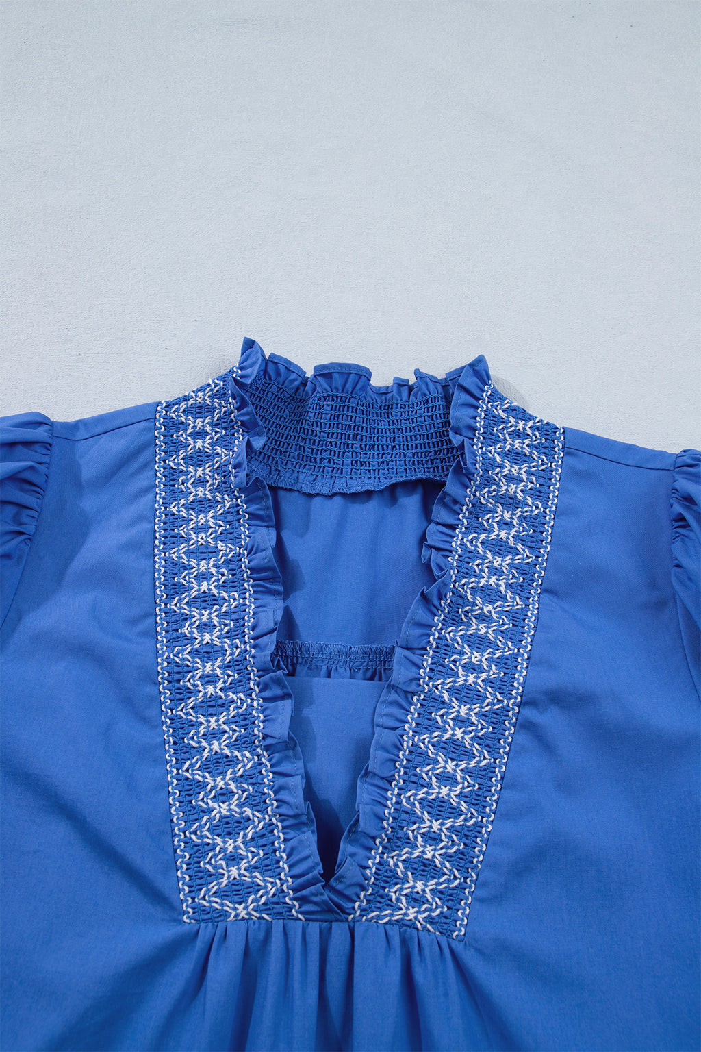 Sky Blue Embroidered Smocked Mini Dress V Neck Short Puff Sleeve Women S-XL