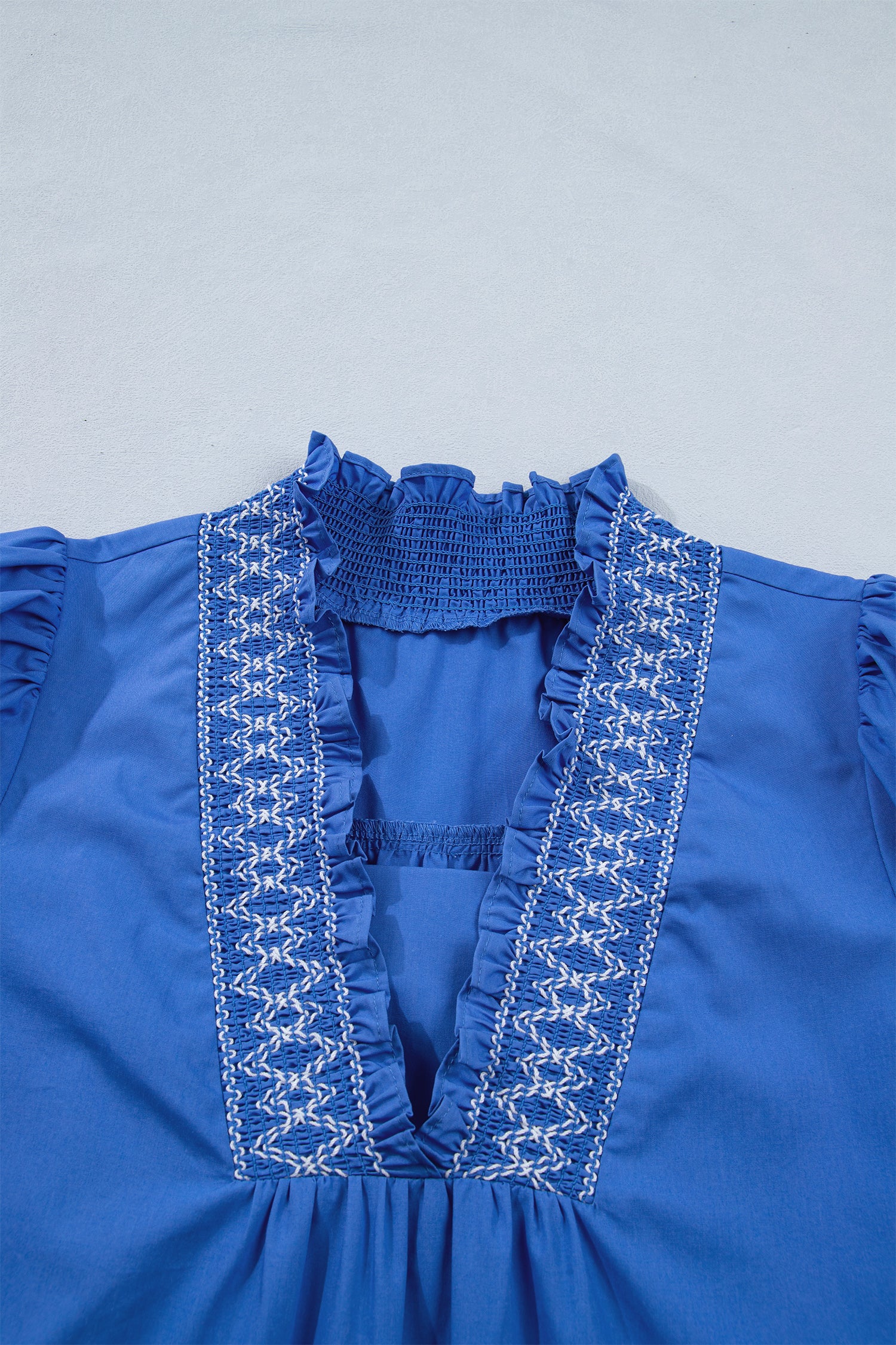 Sky Blue Embroidered Smocked Mini Dress V Neck Short Puff Sleeve Women S-XL