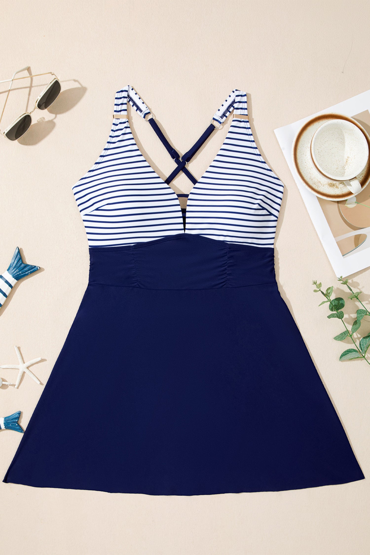 Women's Women Stripe Patchwork Crossed Straps A-Line One Piece Swim Dress Blue Navy S-2XL at LivelyLooks