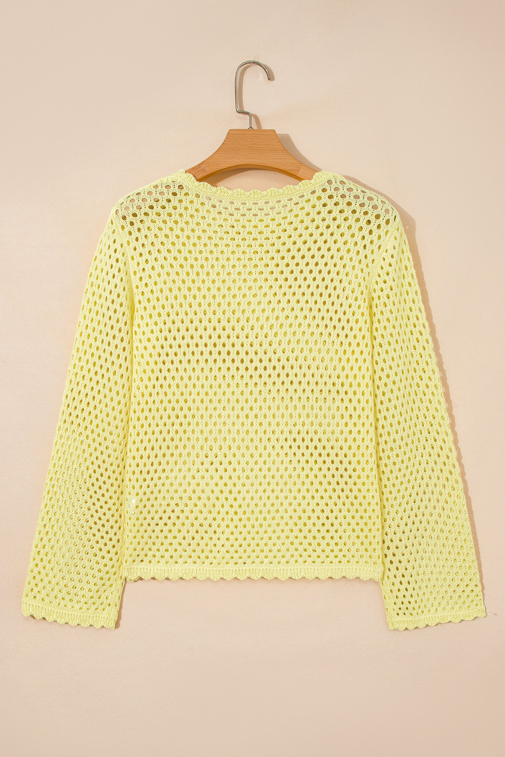 LivelyLooks Yellow Cream Scalloped Trim Hollow Out Knit Long Sleeve Top women's fashion