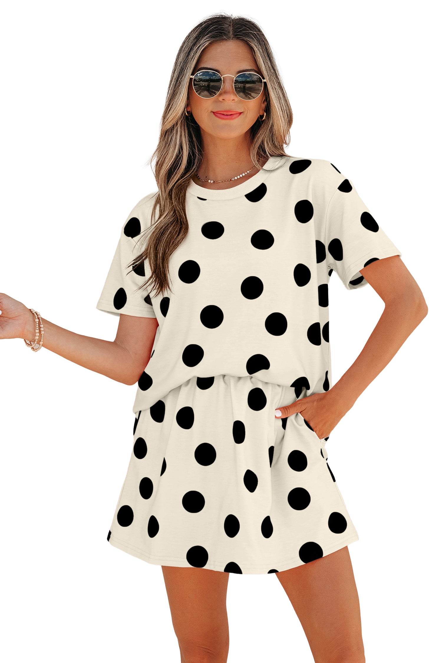 Polka Dot Short Sleeve Top & Casual Skort 2pcs Outfit | White, Pink & Sky Blue