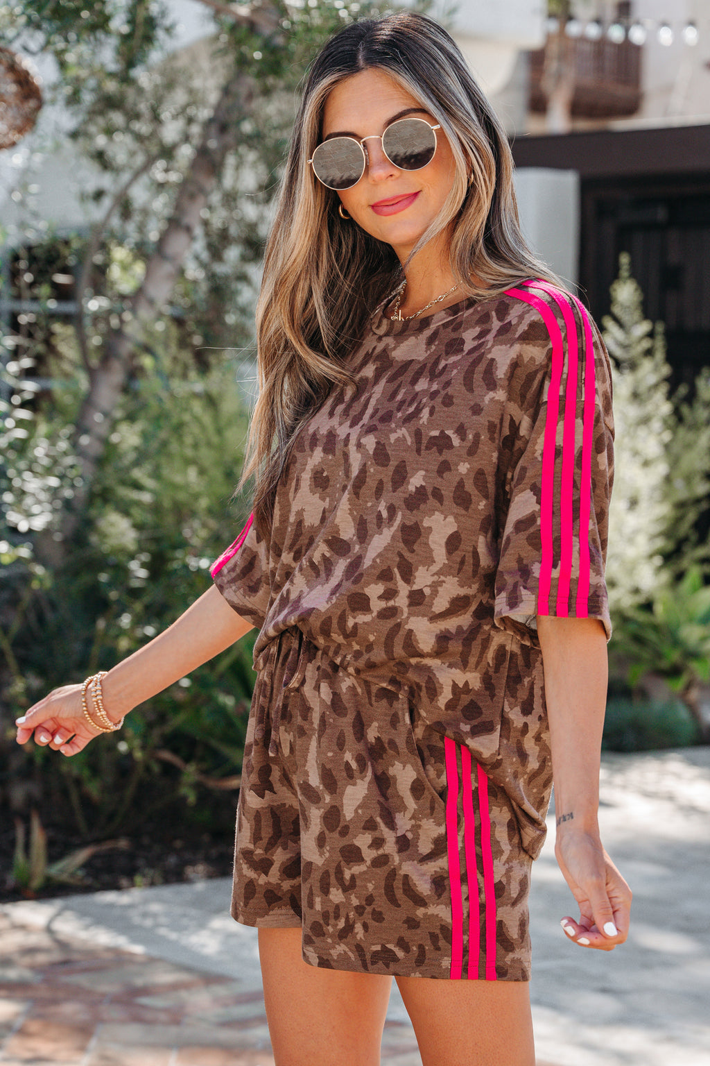 Brown Contrast Striped Accent Leopard Short Set | UK 8–22
