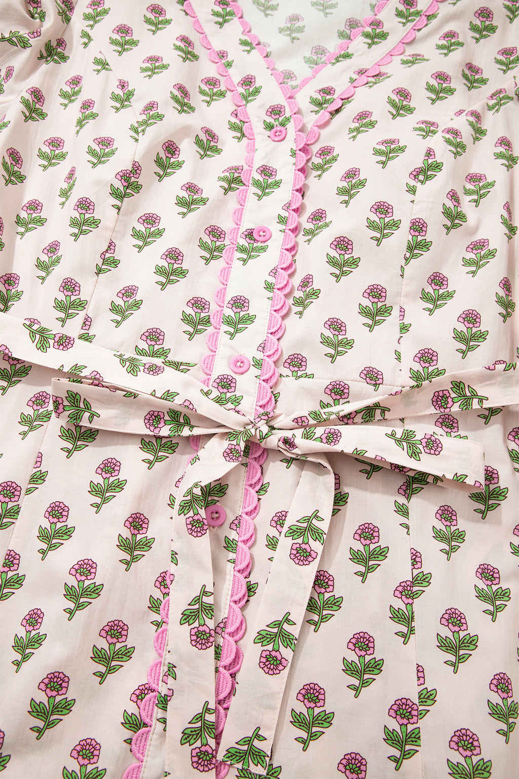 Women's Pink Floral V-Neck Scallop Trim Button Front Short Sleeve Maxi Dress at LivelyLooks