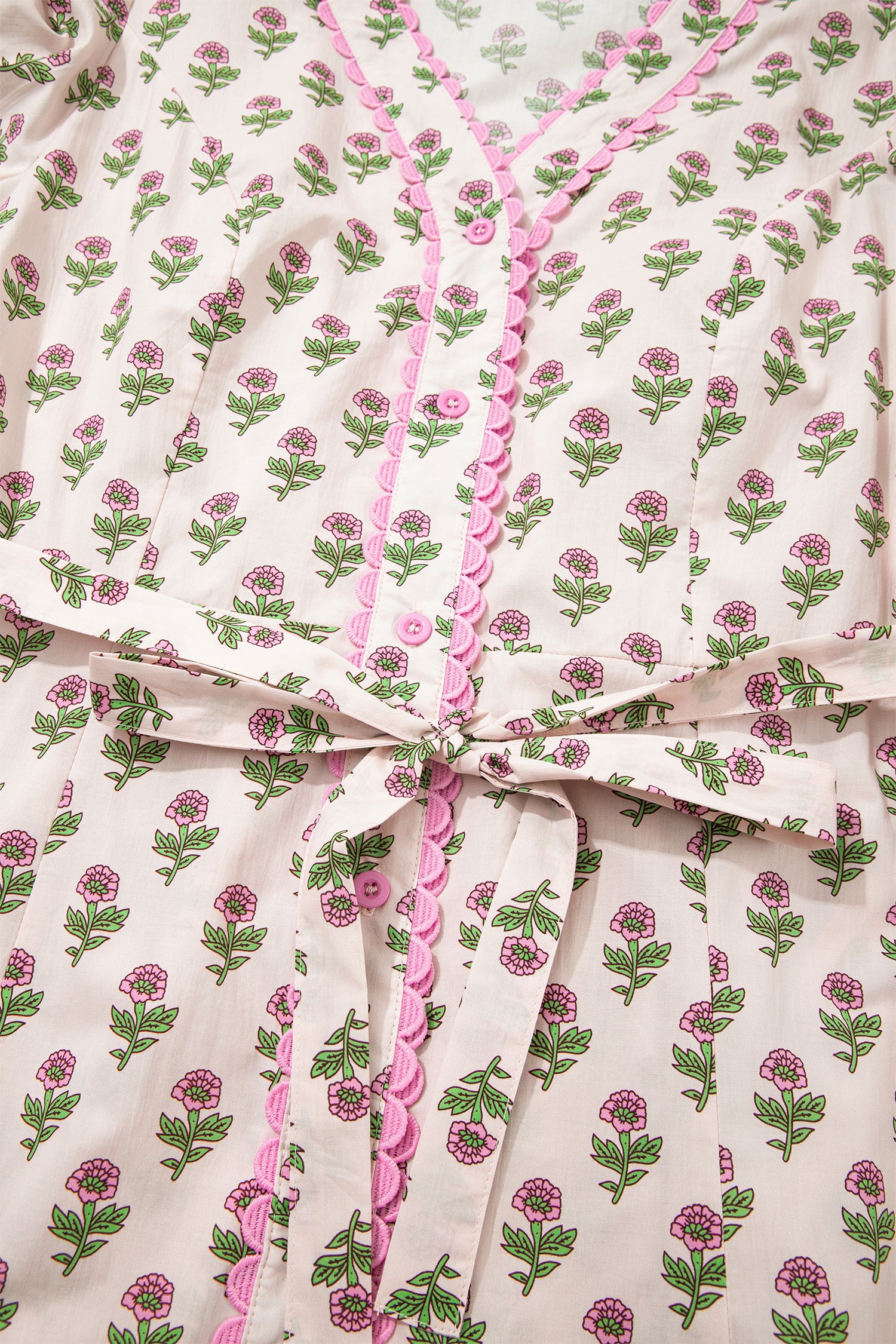 Women's Pink Floral V-Neck Scallop Trim Button Front Short Sleeve Maxi Dress at LivelyLooks
