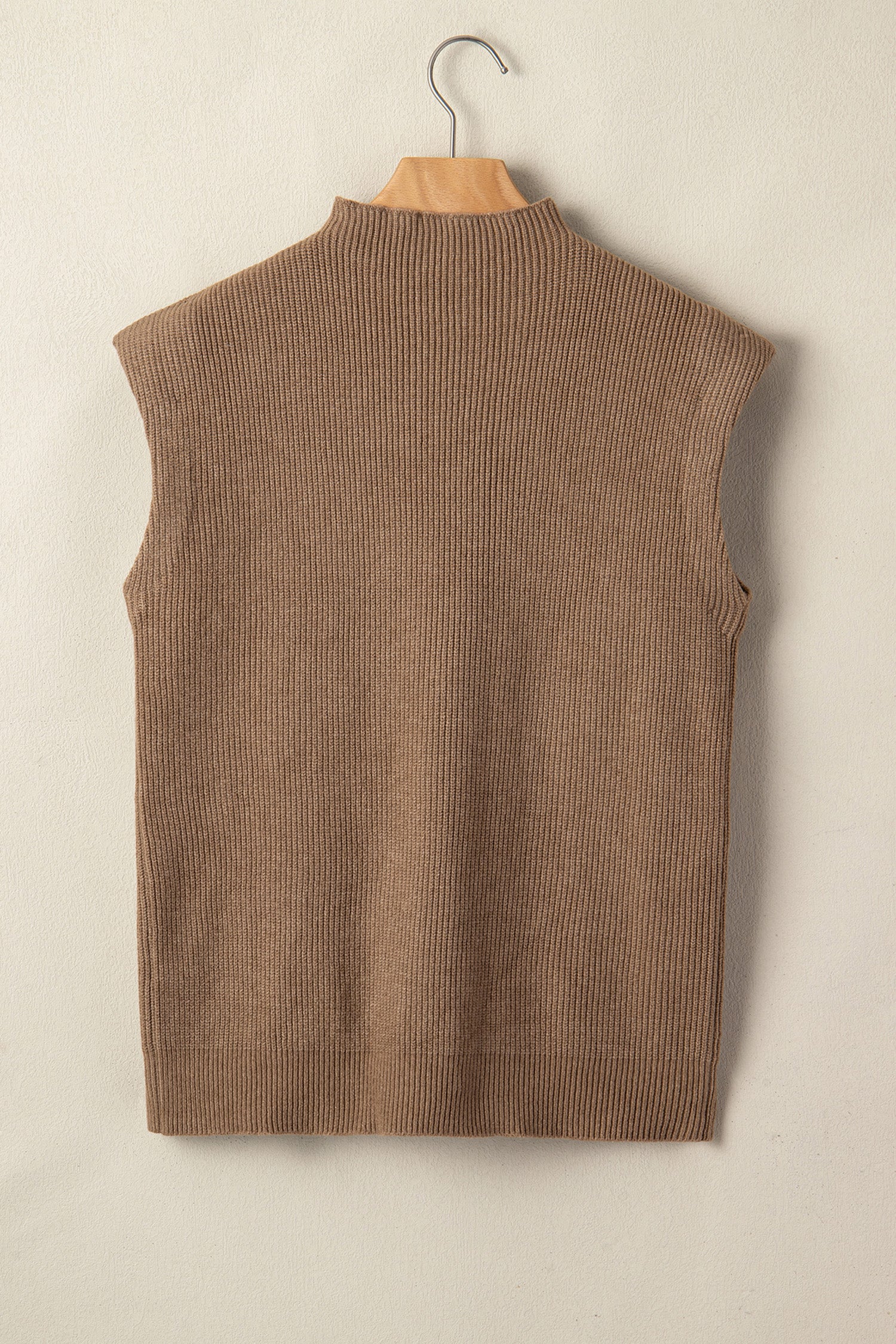 Women's Light French Beige Solid Color Ribbed Knit Mock Neck Loose Sleeveless Sweater at LivelyLooks