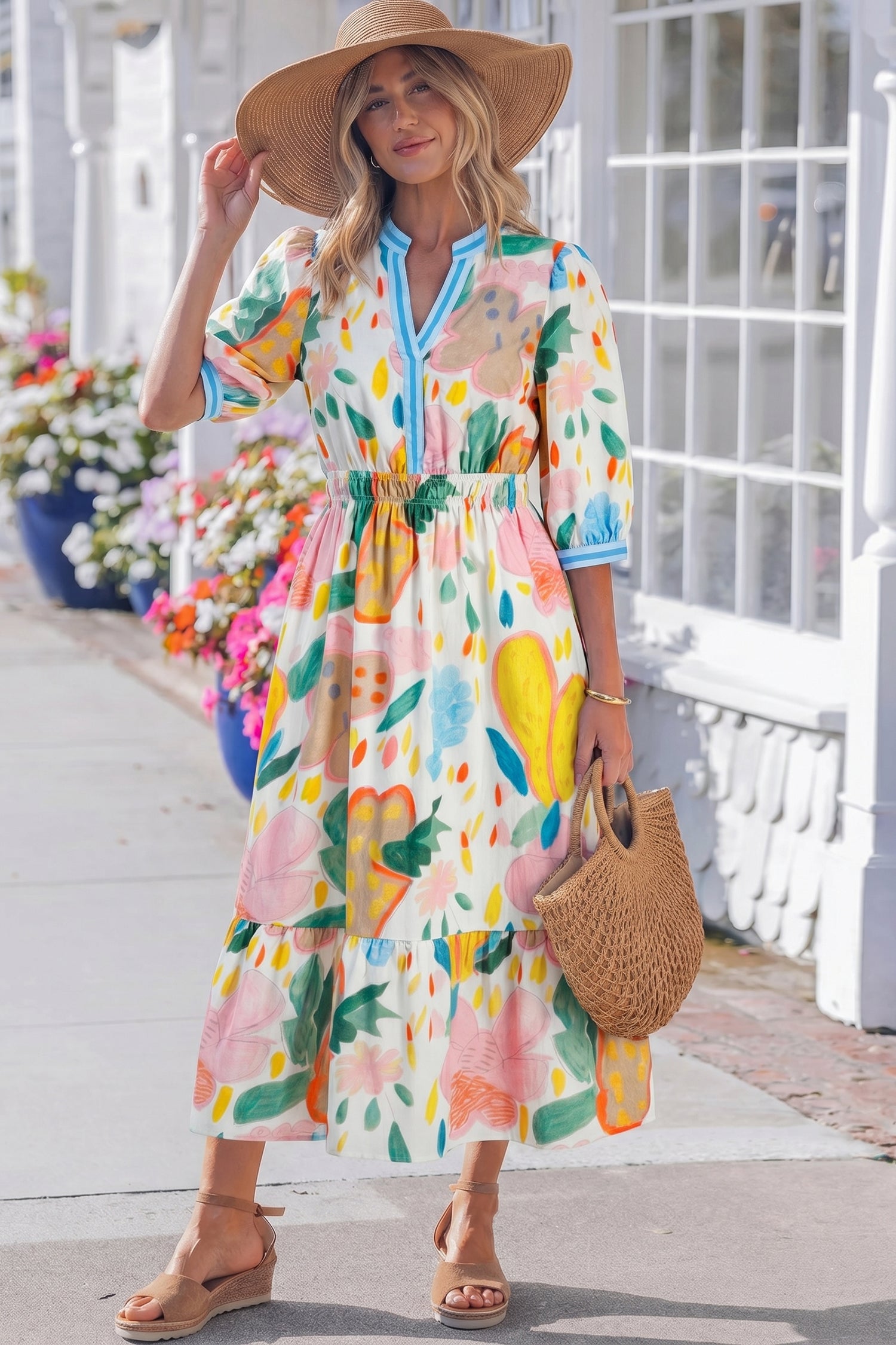 Multicolour Floral Doodle Print Striped Trim V Neck Midi Dress S-XL