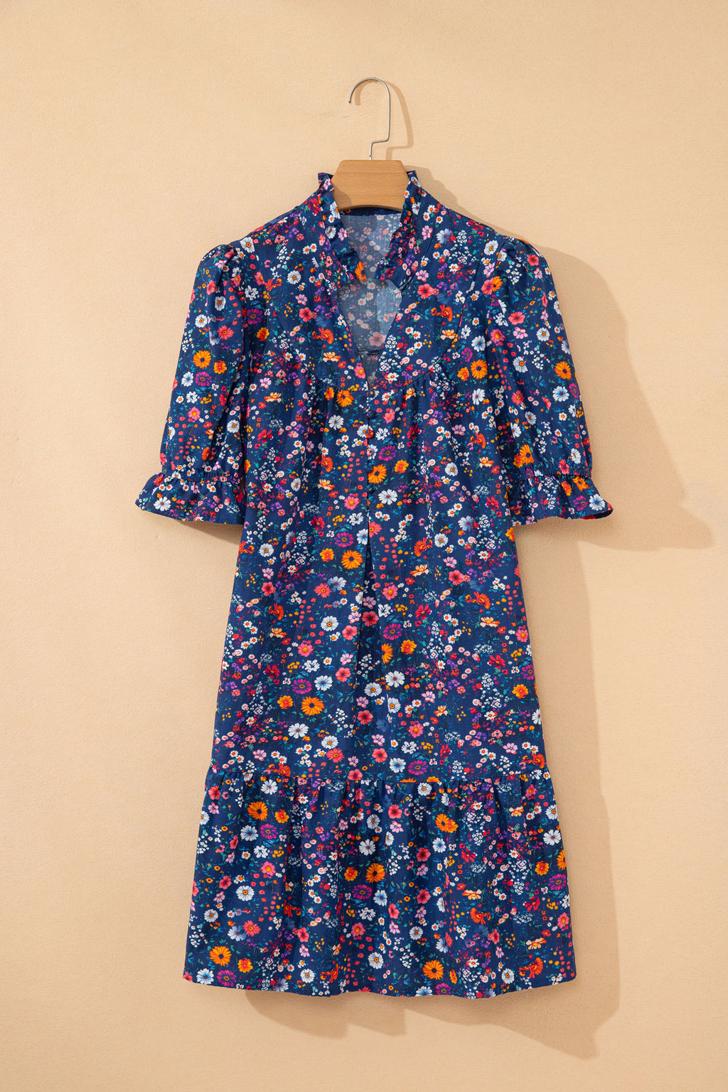 Blue Wild Daisy Floral Split Neck Puff Sleeve Mini Dress S-XL
