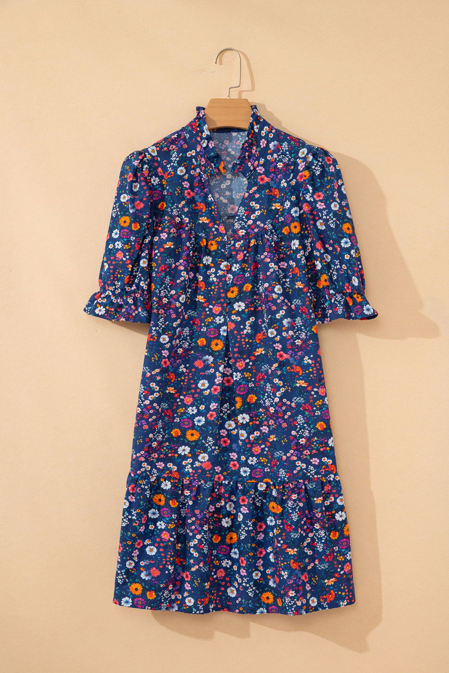 Blue Wild Daisy Floral Split Neck Puff Sleeve Mini Dress S-XL