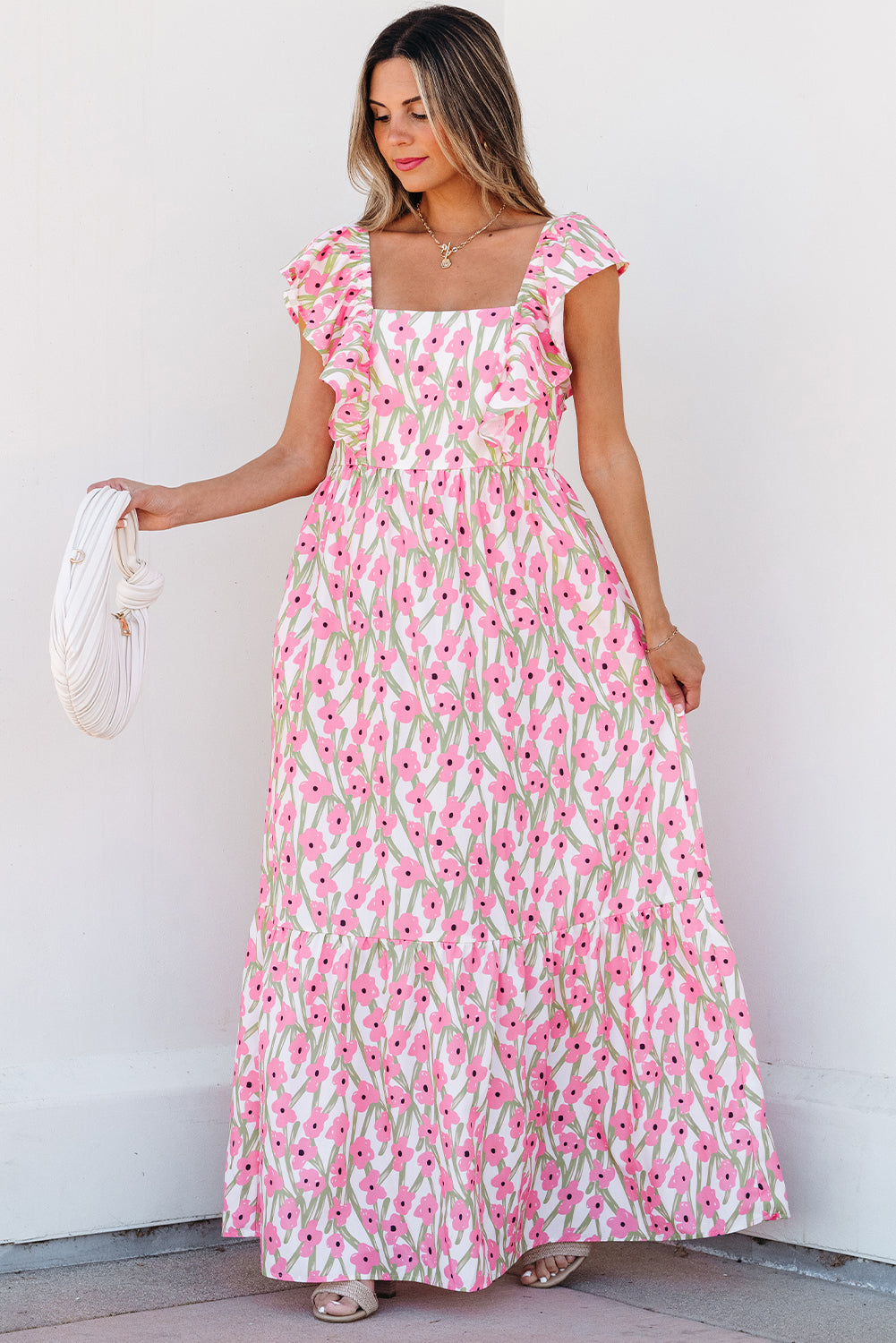 Women's Pink Floral Print Square Neck Ruffled Strap Maxi Dress Summer Boho Casual Sundress at LivelyLooks