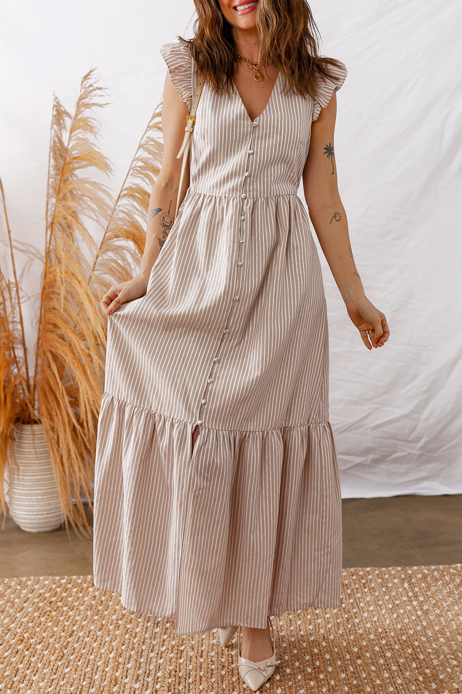 Shop Stripe Flutter Sleeve Button Front Slit Maxi Dress | S-XL at LivelyLooks