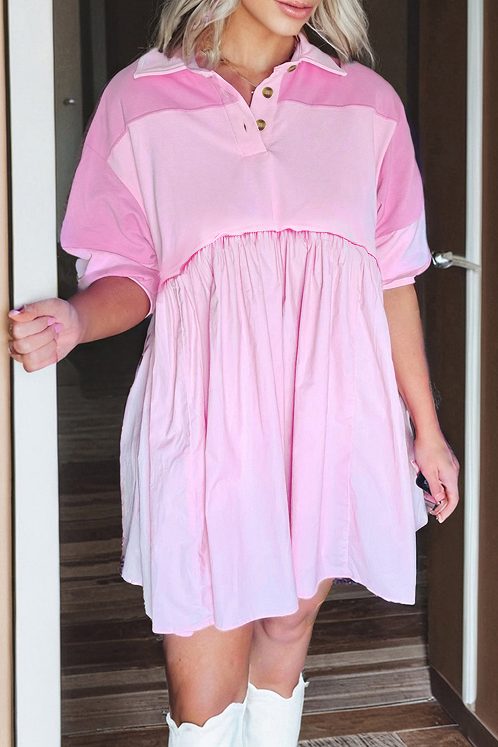 Pink Raw Seam Colour Block Polo Collar Mini Dress S-XL