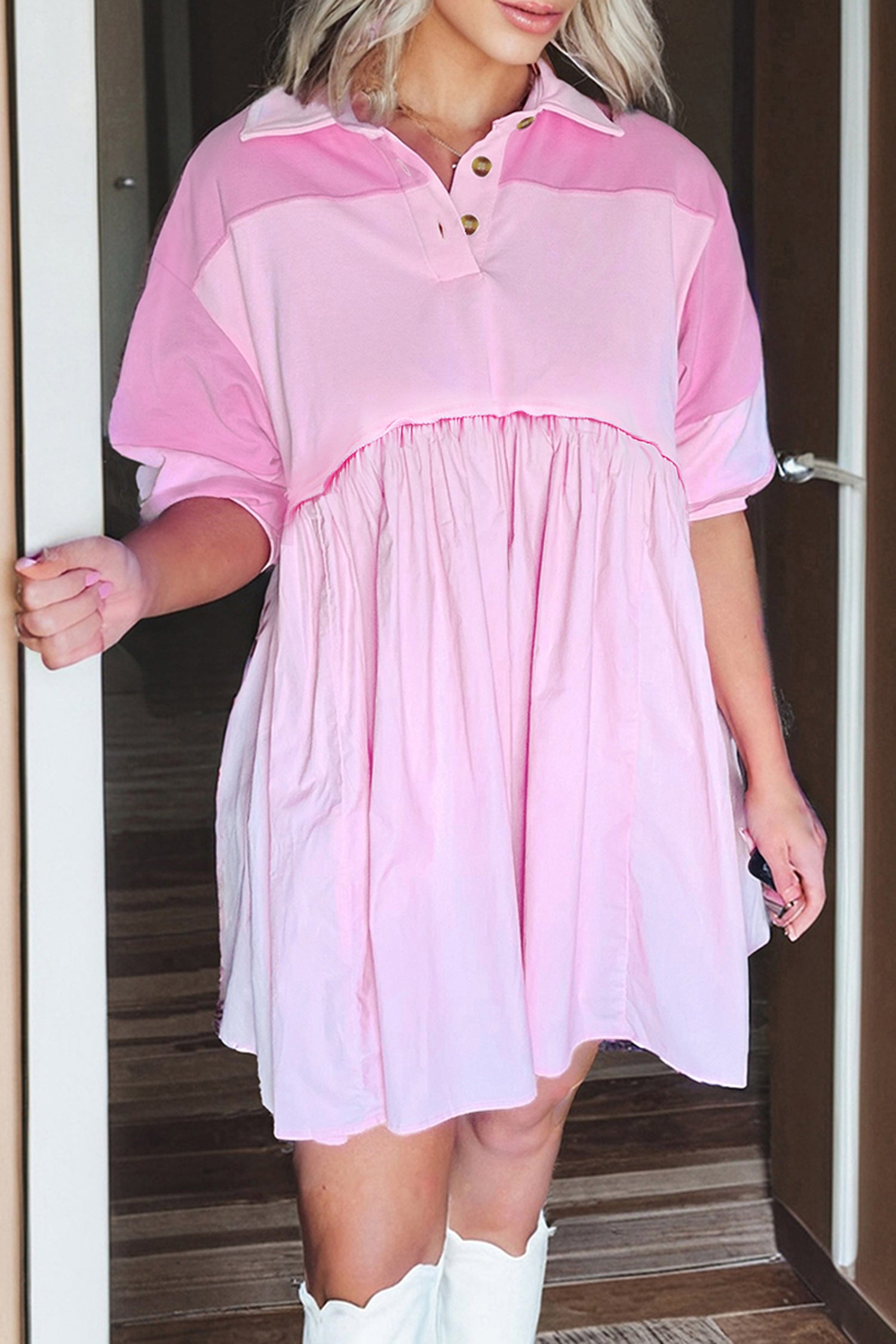 Pink Raw Seam Colour Block Polo Collar Mini Dress S-XL