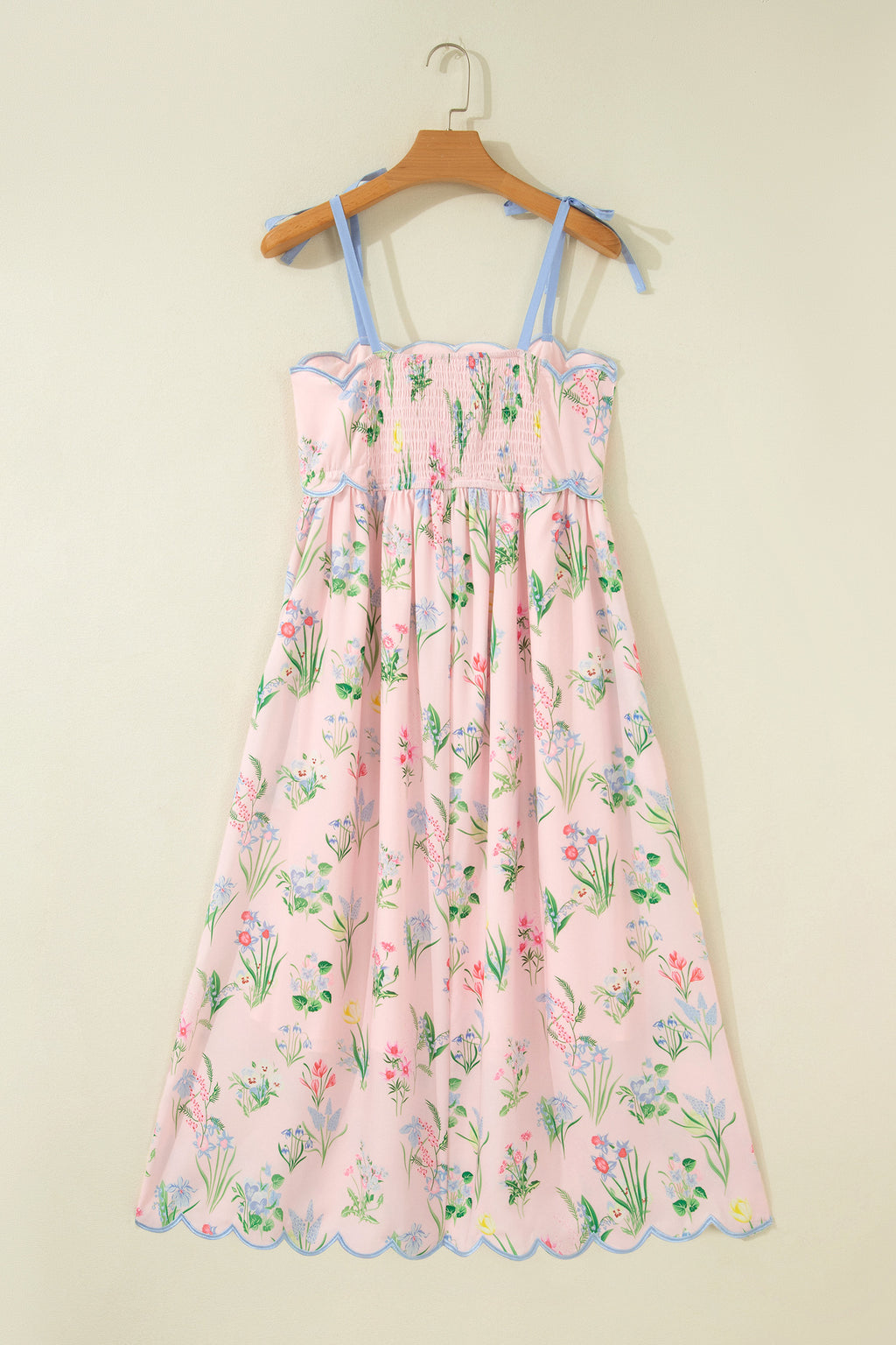 Floral Midi Dress Contrast Trim Self-Tie Straps High Waist Beige Pink Yellow