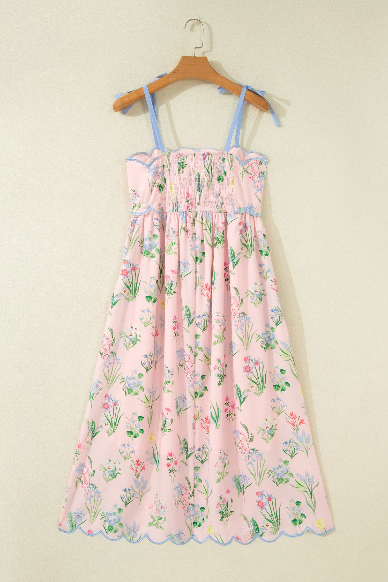 Floral Midi Dress Contrast Trim Self-Tie Straps High Waist Beige Pink Yellow