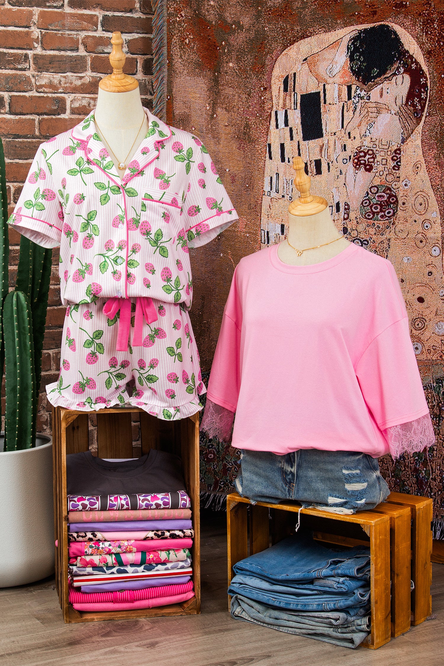 Shop Pink Strawberry Stripe Pyjama Set Short Sleeve Shirt & Shorts at LivelyLooks