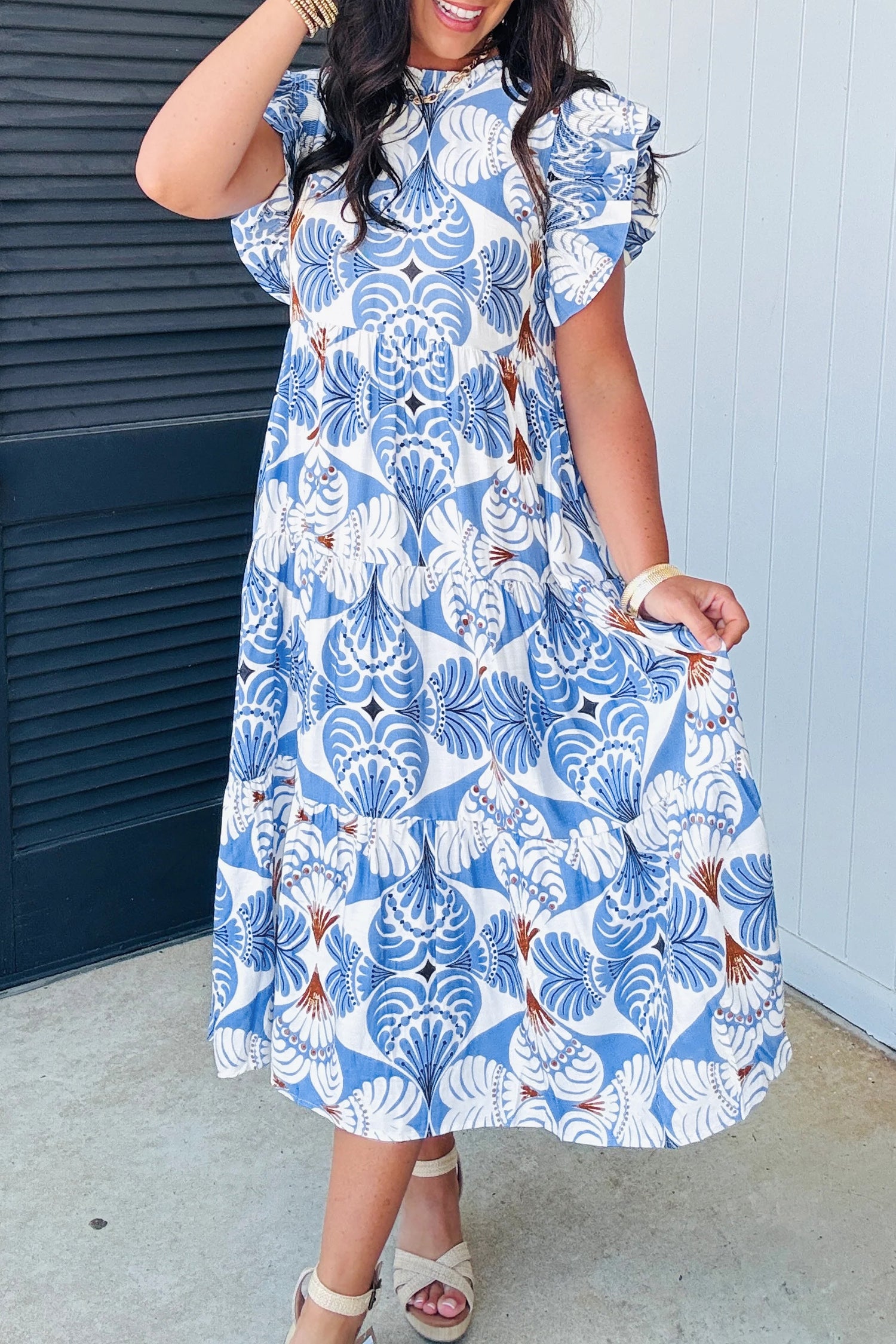 Sky Blue Tropical Print Maxi Dress Flutter Sleeve Vacation Women S-XL