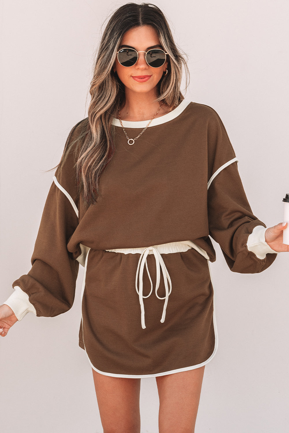 Shop Colour Contrast Loose Pullover & Lace-Up Waist Skort Set S-XL at LivelyLooks