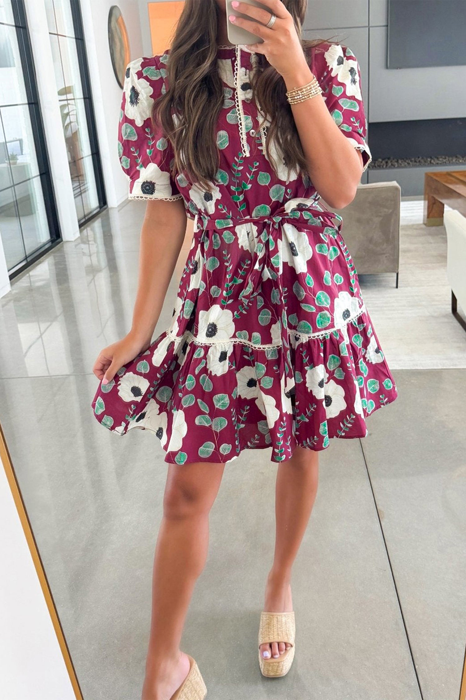 Red Floral Print Trimmed Short Puff Sleeve Belted Mini Dress | UK 8–22
