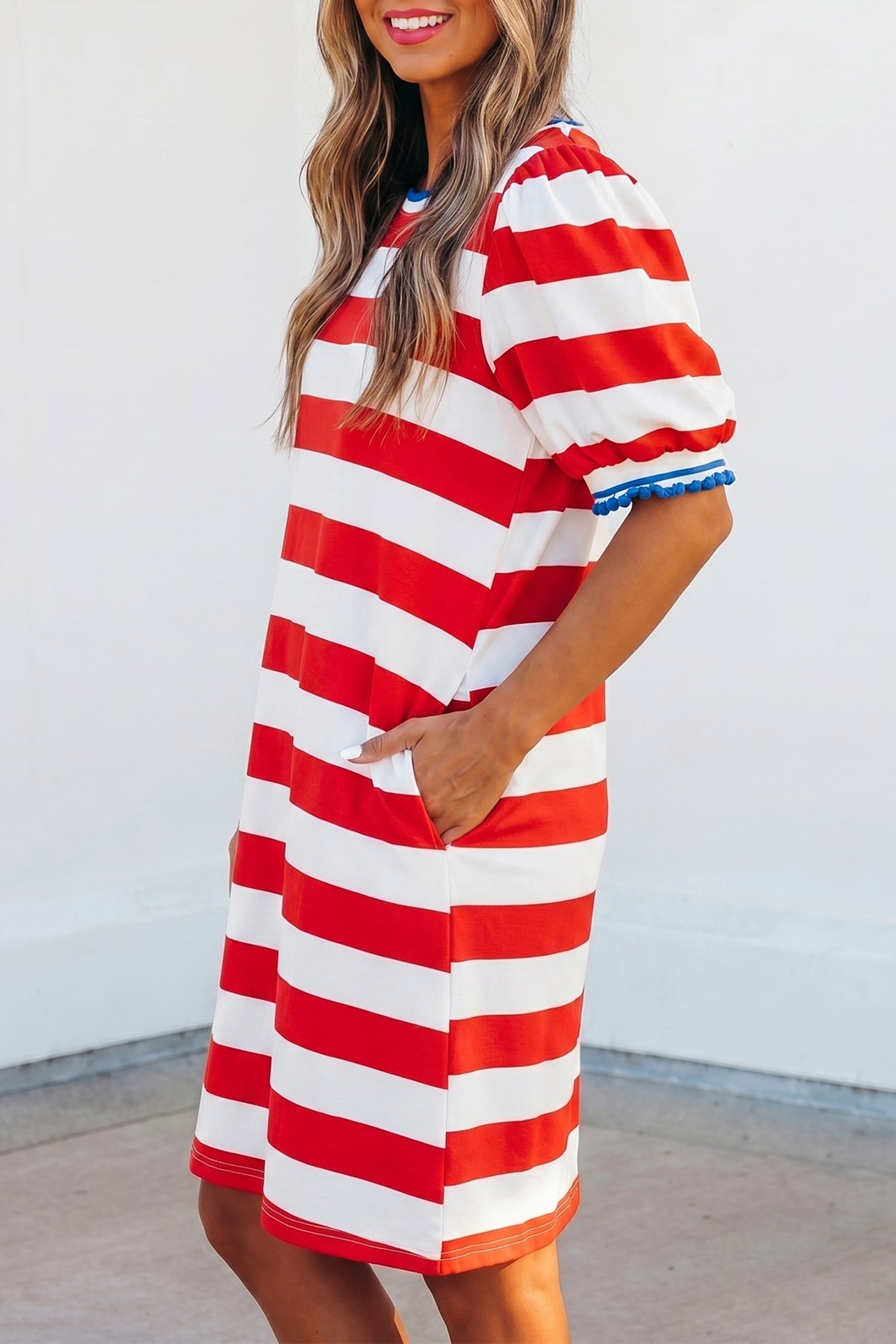 Red Stripe Contrast Trim Round Neck Puff Sleeve Shift Mini Dress S-XL